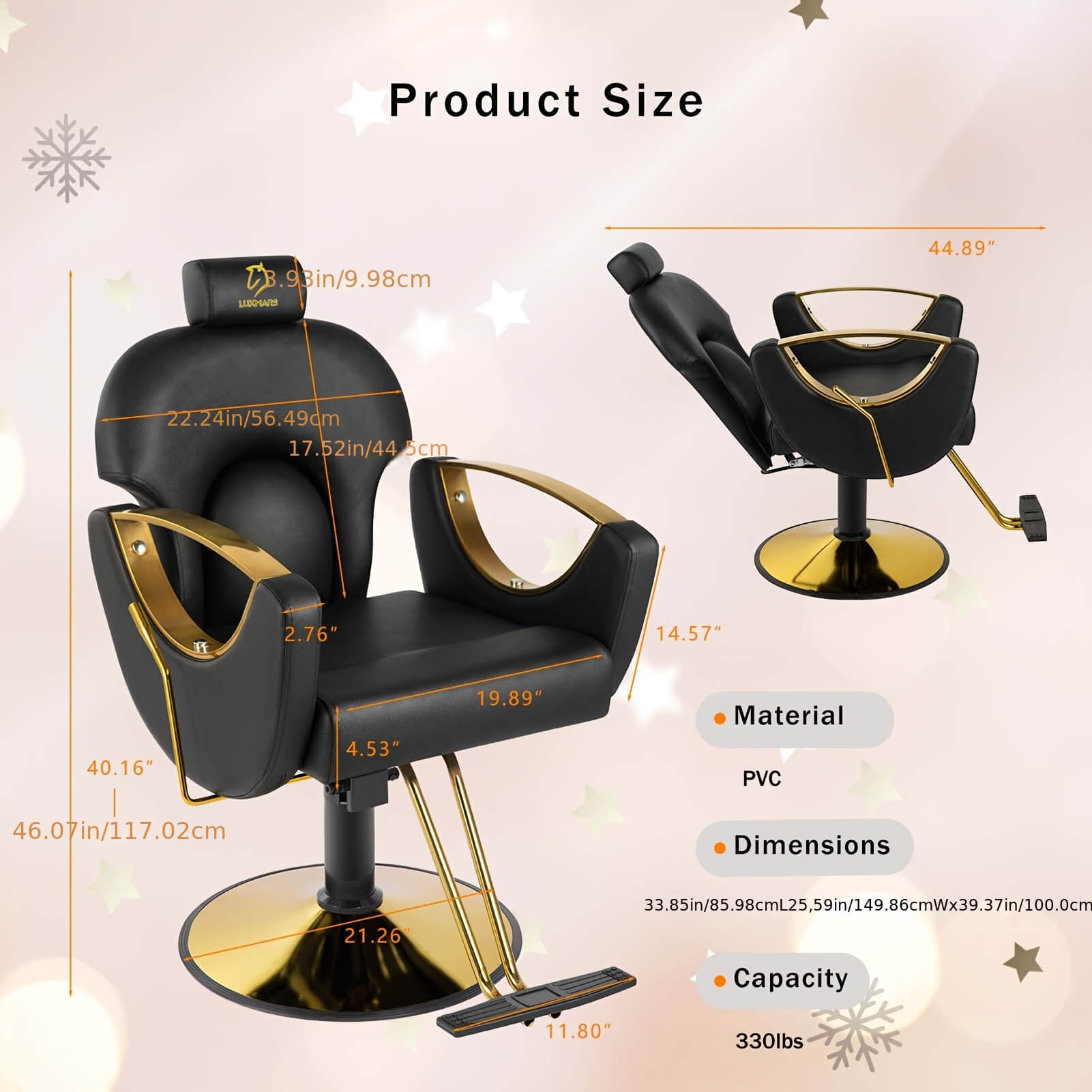 Black and gold reclining barber chair with dimensions and material details on a light background