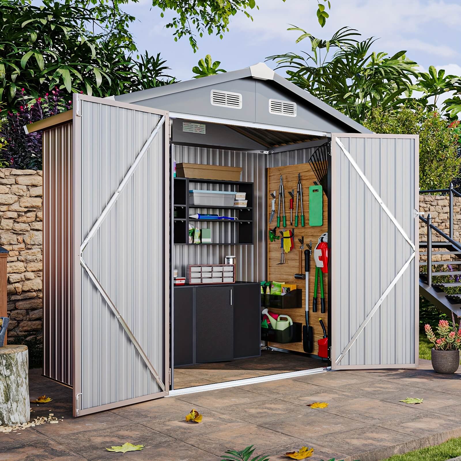 Metal garden shed with open doors, showing storage items and tools, surrounded by greenery.
