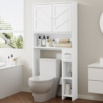 White bathroom storage cabinet next to a toilet in a modern bathroom.