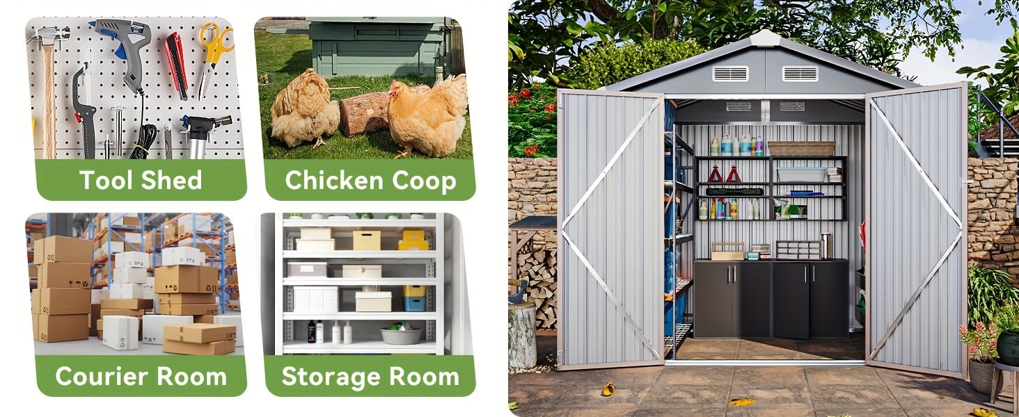 Collage of different storage solutions including a tool shed, chicken coop, courier room, and storage room.