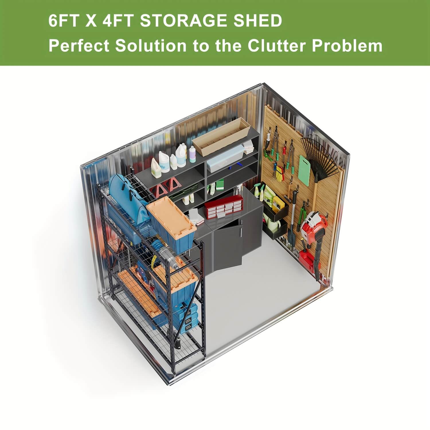 Model of a 6FT x 4FT storage shed with various items inside, on a white background.