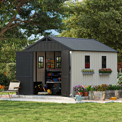 Resin outdoor storage shed and gardening tools, surrounded by greenery.