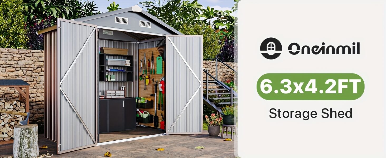 Storage shed with open doors showing organized items, branded as Oneinmil, on a white background.