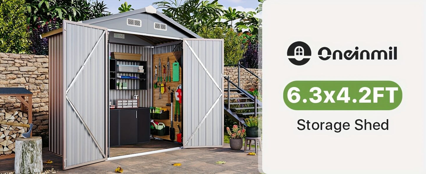 Storage shed with open doors showing organized items, branded as Oneinmil, on a white background.