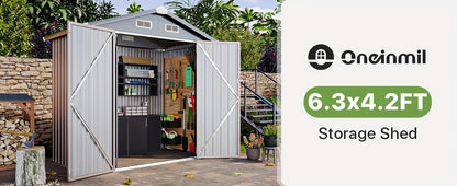Storage shed with open doors showing organized items, branded as Oneinmil, on a white background.