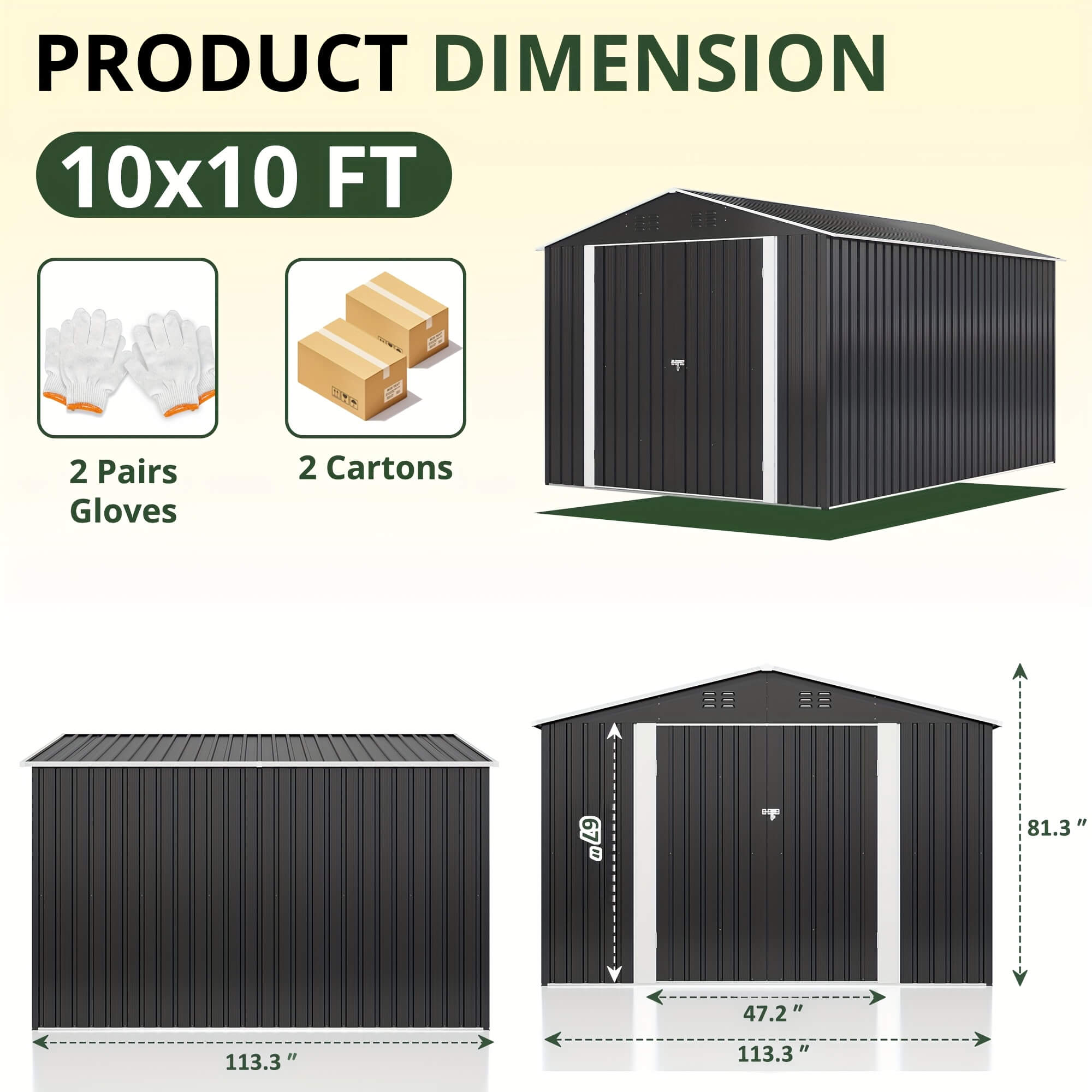 Product dimensions of a 10x10 foot storage shed with gloves and cartons shown.