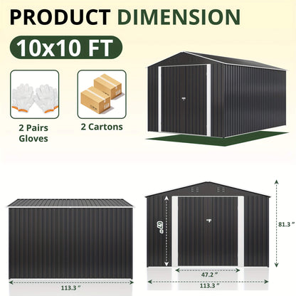 Product dimensions of a 10x10 foot storage shed with gloves and cartons shown.