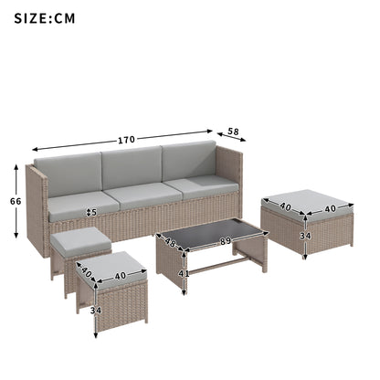 Contemporary rattan sofa set with dimensions labeled on a white background