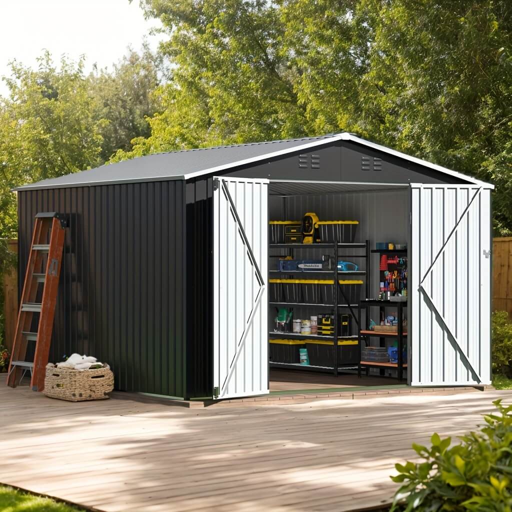 Metal storage shed with tools and equipment inside, surrounded by trees and a wooden deck.