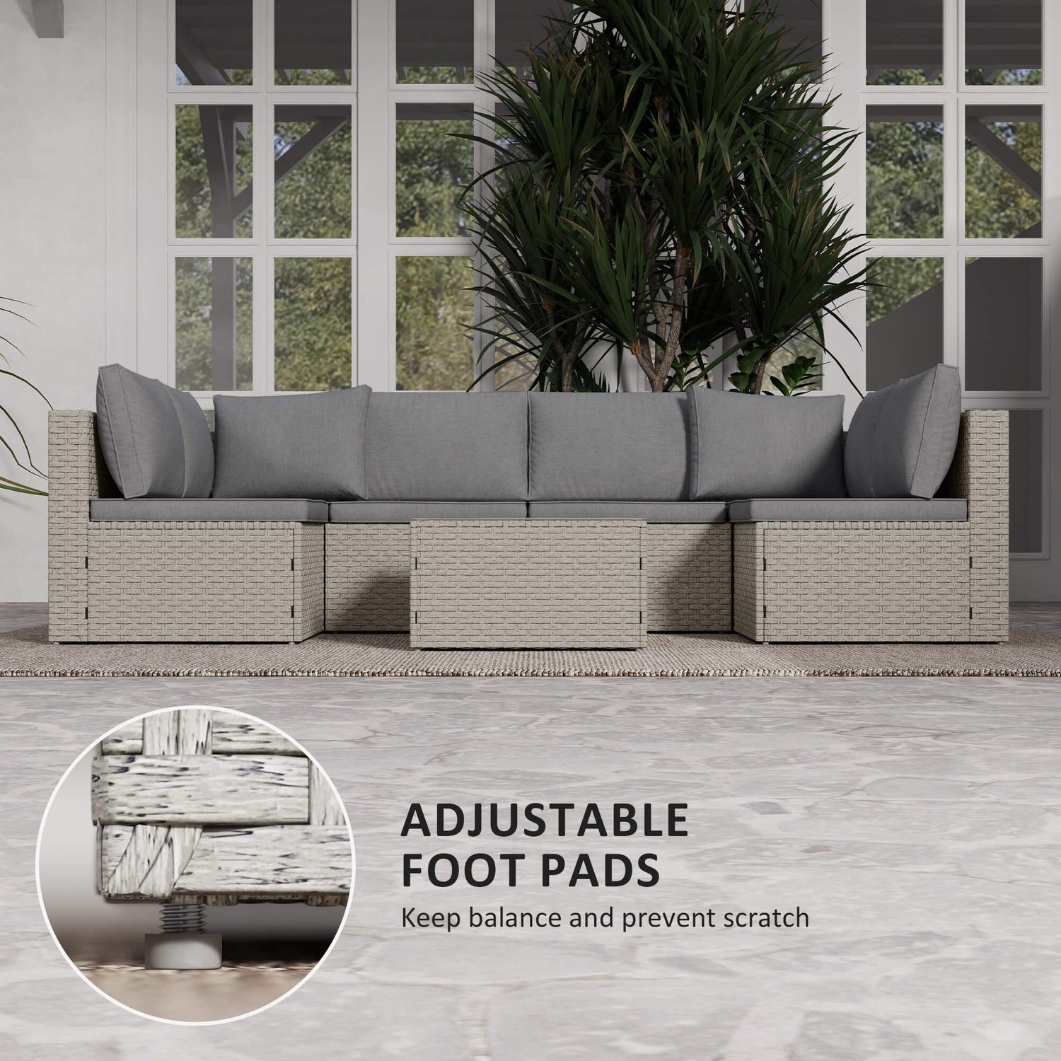 Outdoor patio furniture set with adjustable foot pads feature, on a wooden floor.