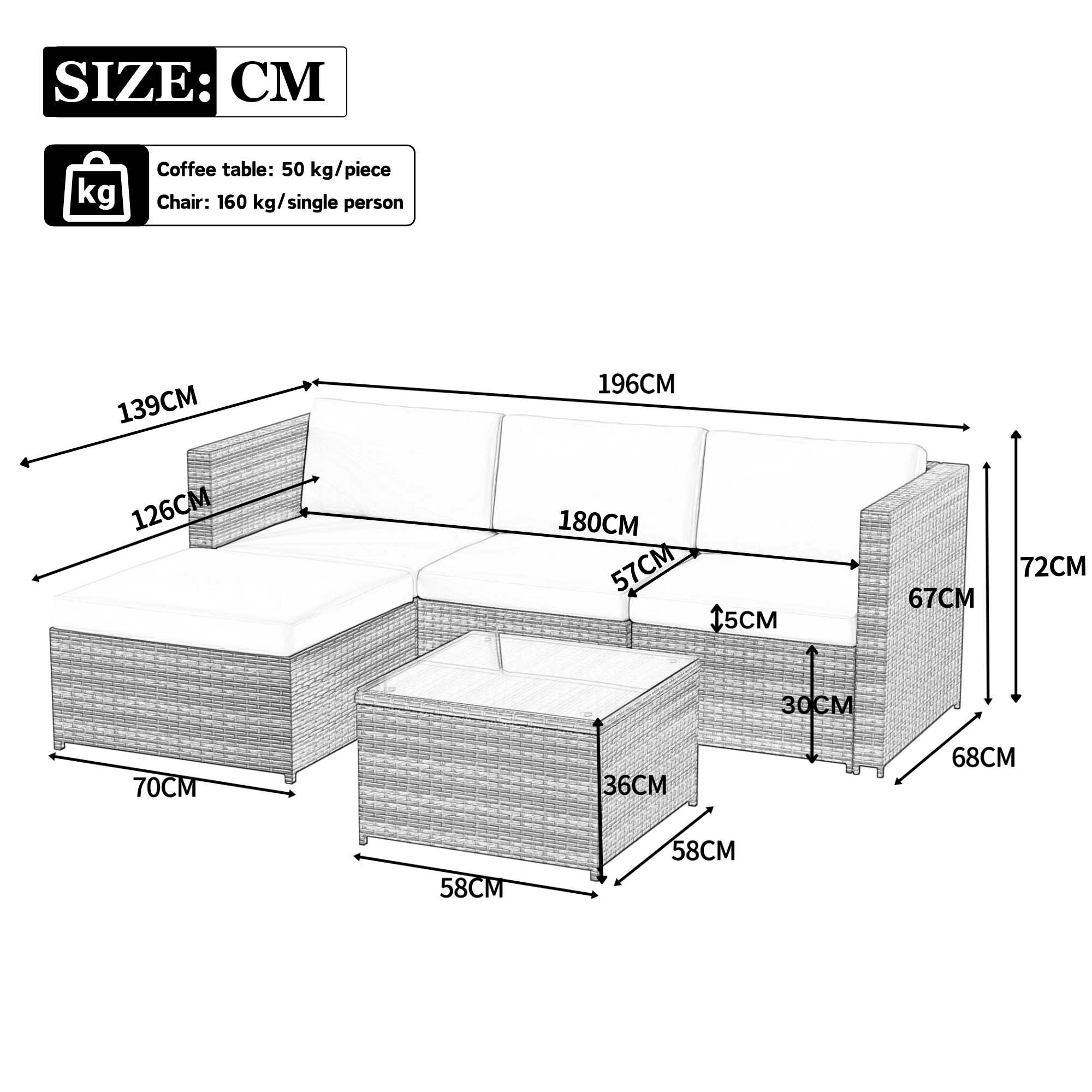 Measurement chart of a garden furniture set with dimensions in centimeters.