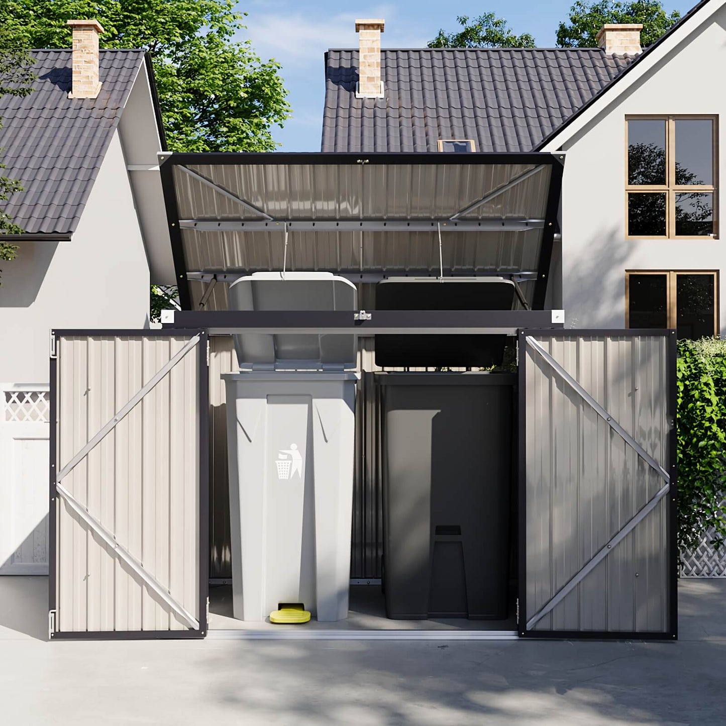 Horizontal outdoor storage shed with open doors in front of a house