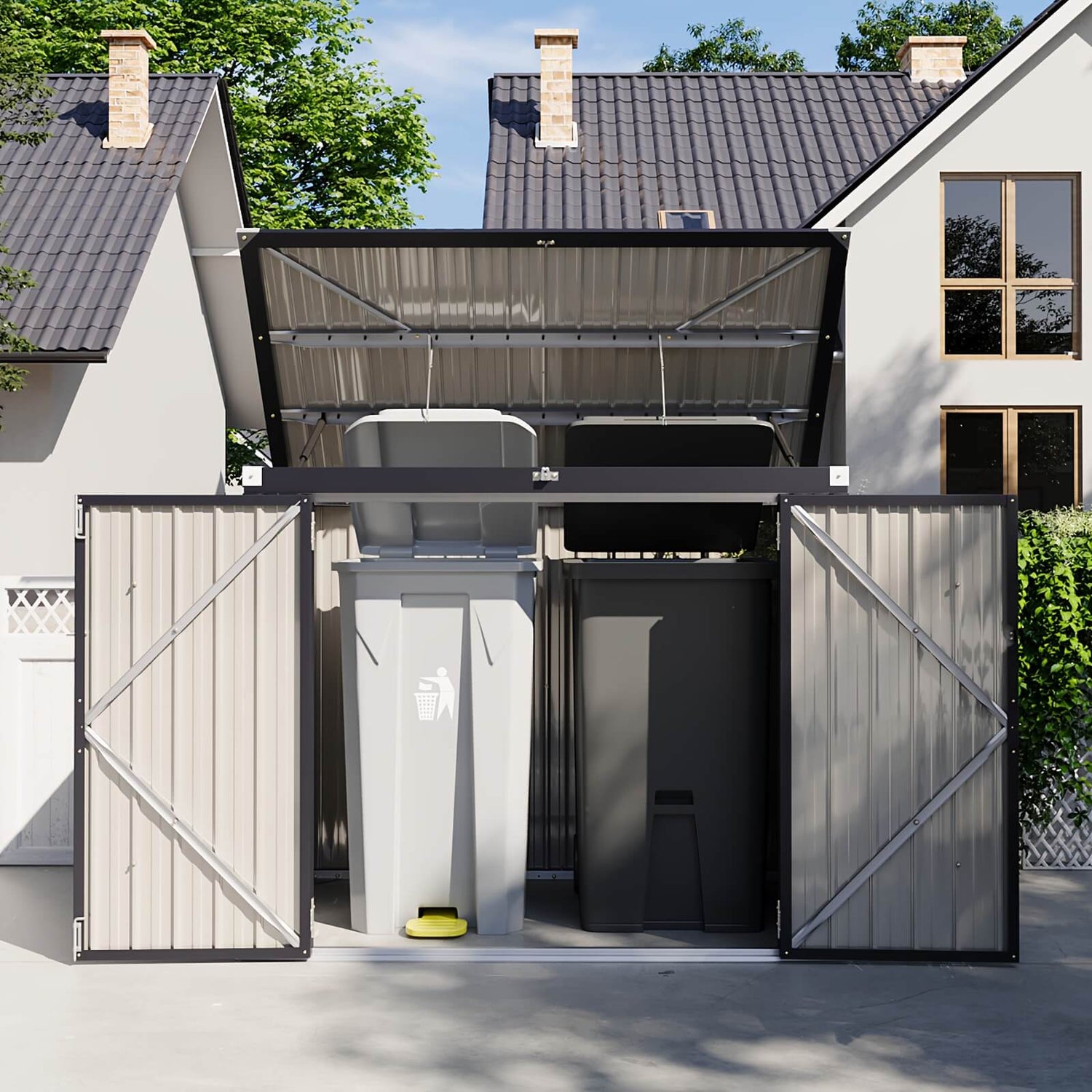 Horizontal outdoor storage shed with open doors in front of a house