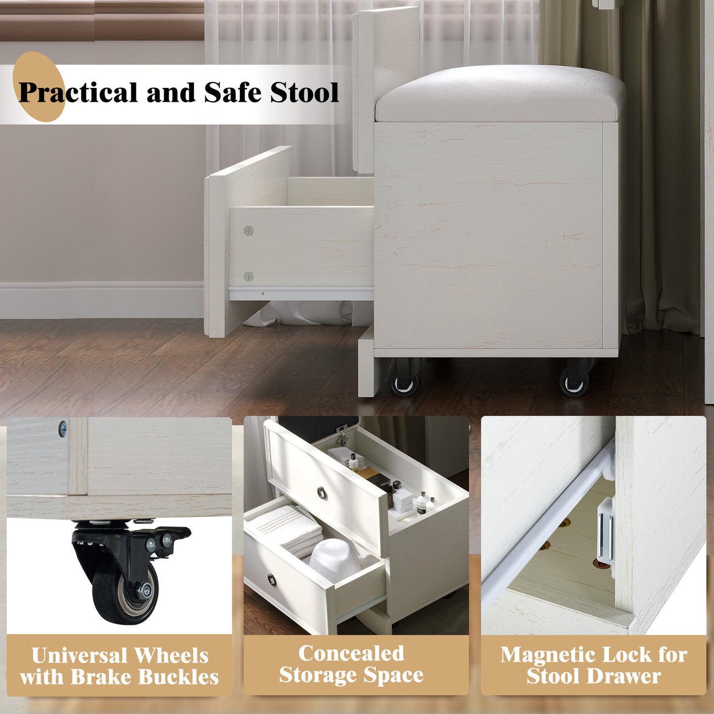 White storage stool with drawers on wheels, featuring text highlighting features like universal wheels, concealed storage space, and magnetic lock.