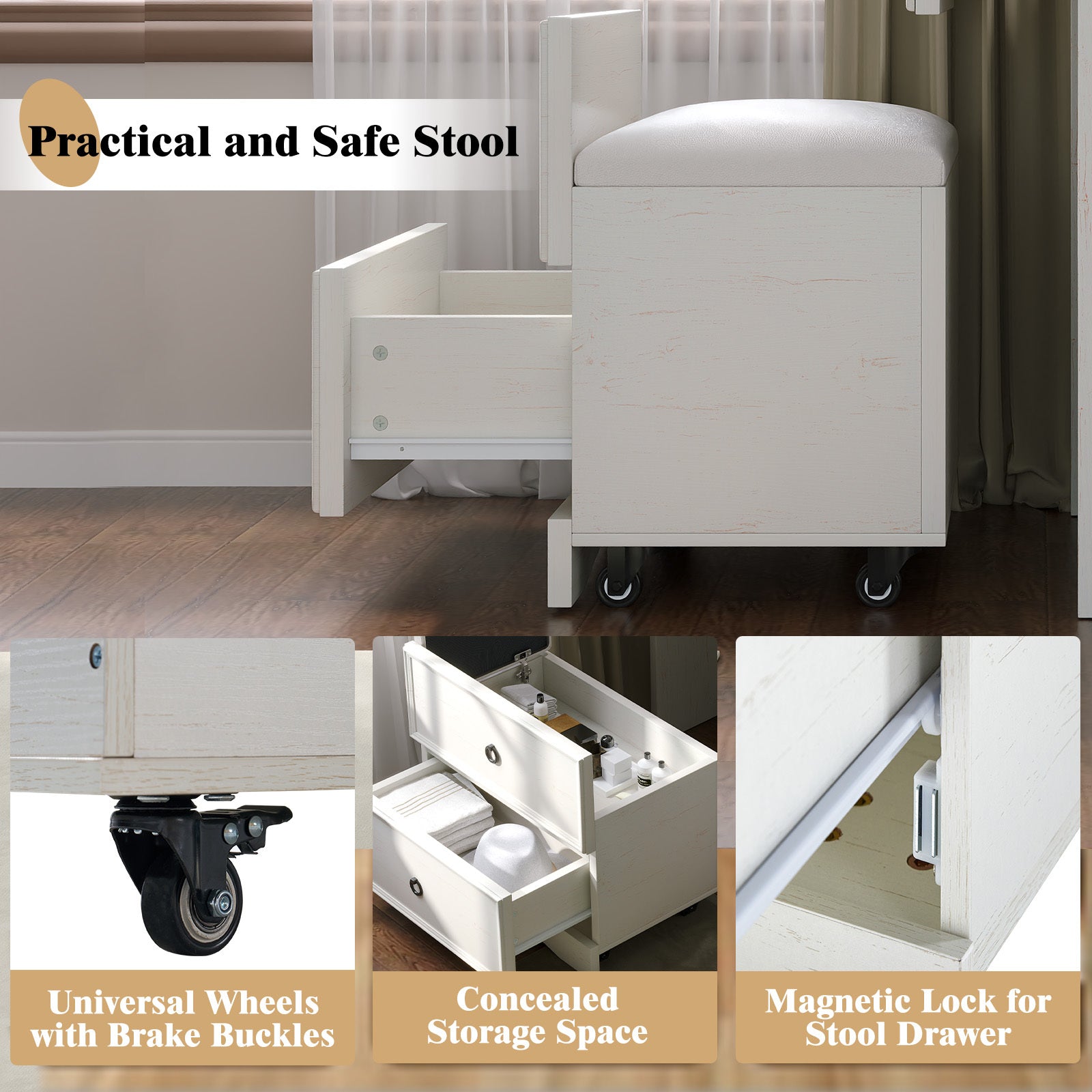White storage stool with drawers on wheels, featuring text highlighting features like universal wheels, concealed storage space, and magnetic lock.