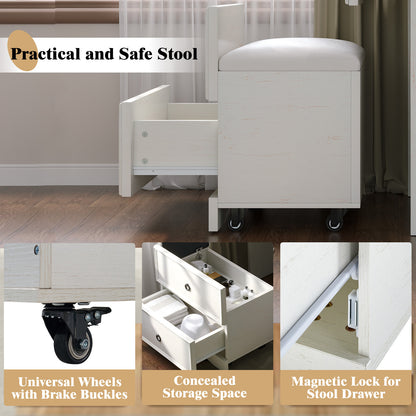 White storage stool with drawers on wheels, featuring text highlighting features like universal wheels, concealed storage space, and magnetic lock.