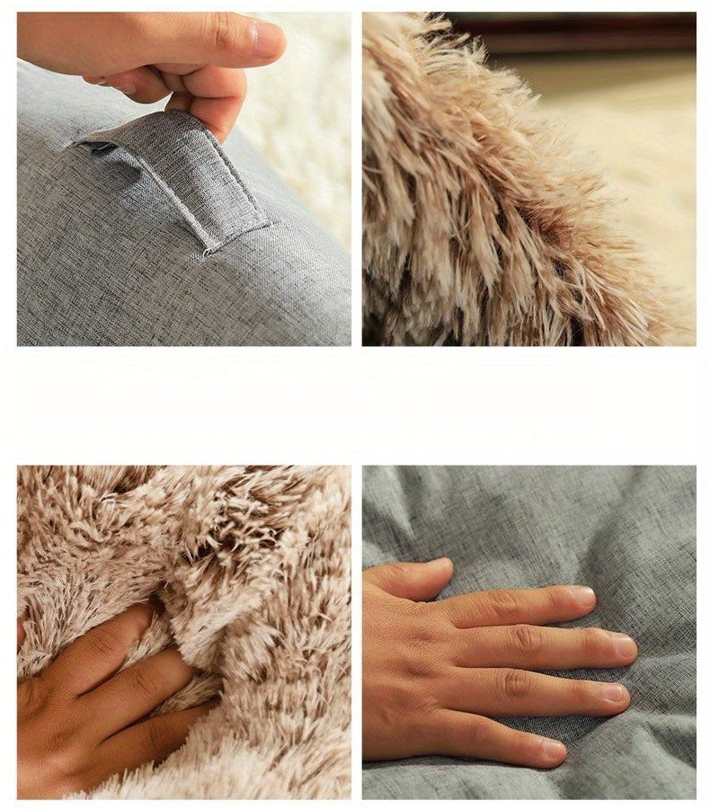 Product details showing stitching, texture, and hand interaction of cat cave bed on a neutral background.