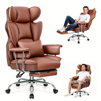 Brown executive office chair with reclining feature, shown from multiple angles on a white background.