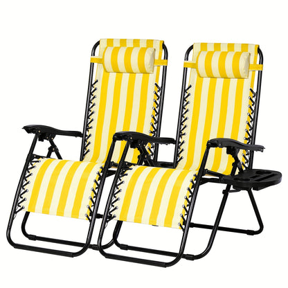 Two yellow and white striped folding chairs on a white background