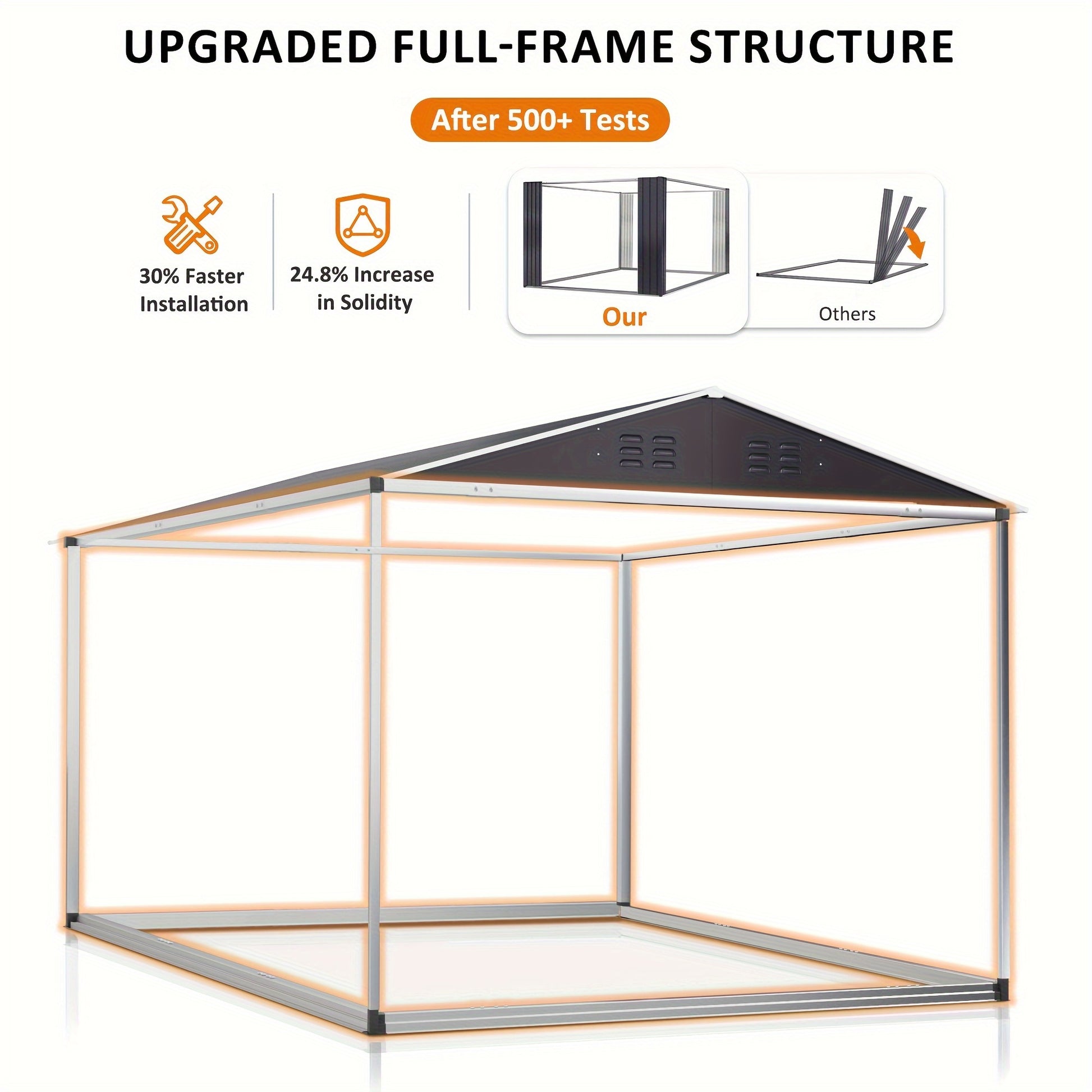Hexagonal gazebo frame with text highlighting upgraded full-frame structure features.