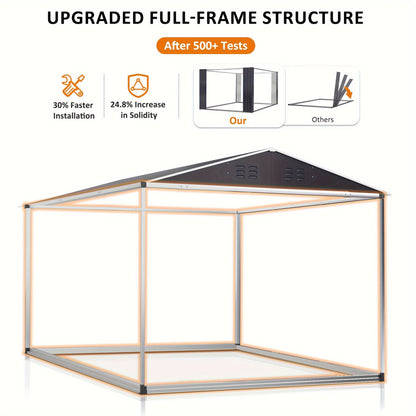 Hexagonal gazebo frame with text highlighting upgraded full-frame structure features.