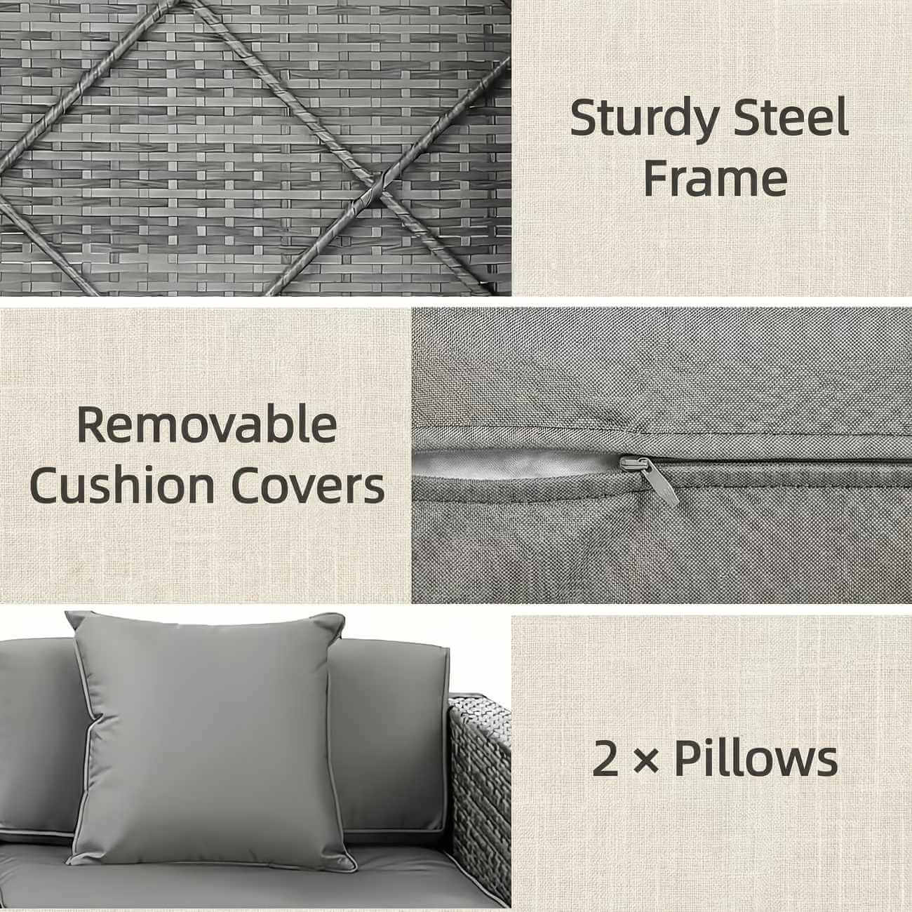 Collage of a sofa with text highlighting features like 'Sturdy Steel Frame', 'Removable Cushion Covers', and '2 x Pillows'.