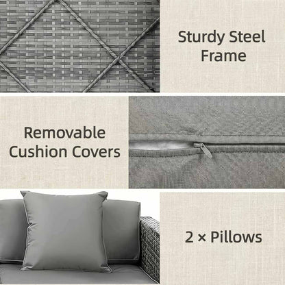 Collage of a sofa with text highlighting features like 'Sturdy Steel Frame', 'Removable Cushion Covers', and '2 x Pillows'.