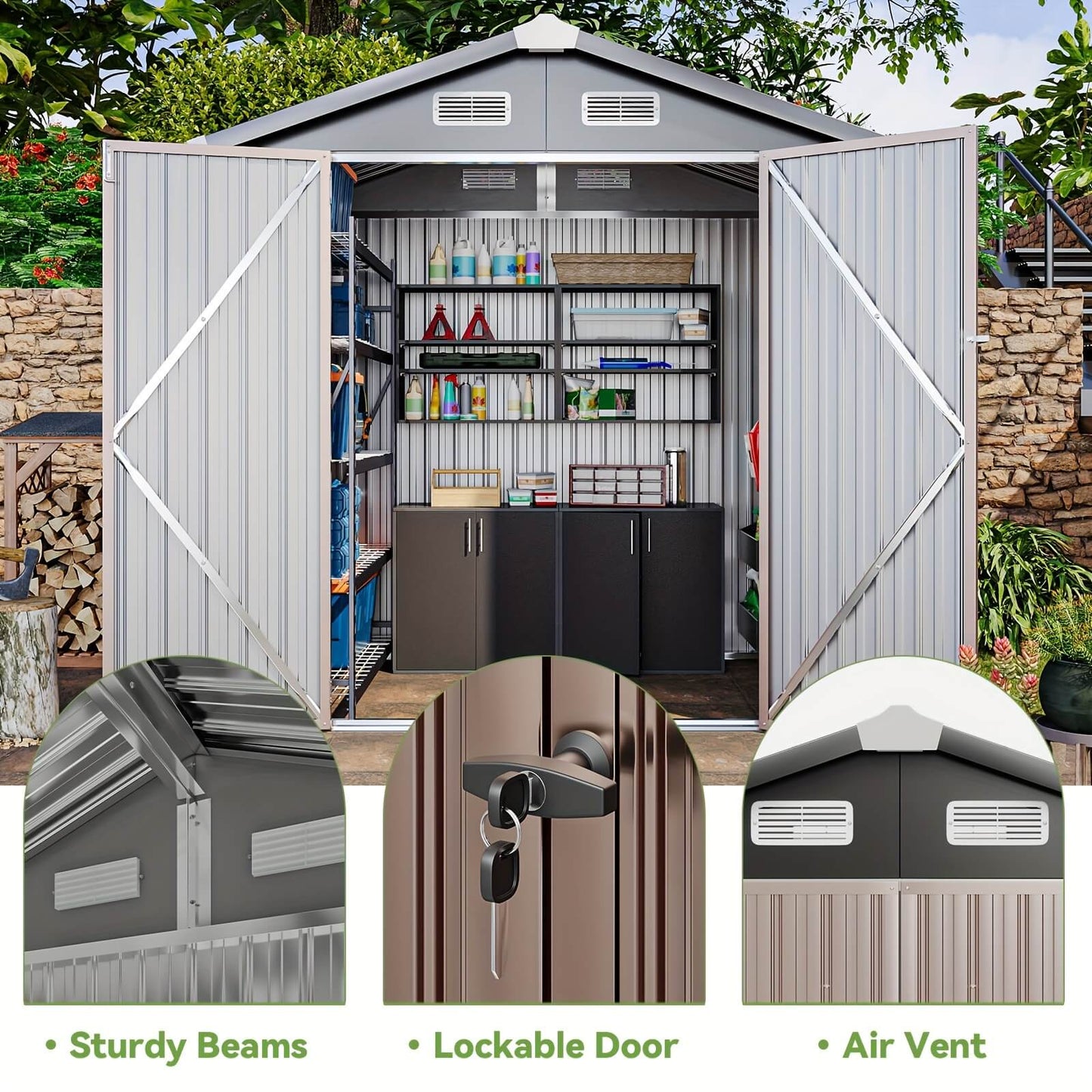 Metal storage shed with lockable door, air vent, and shelves filled with items.
