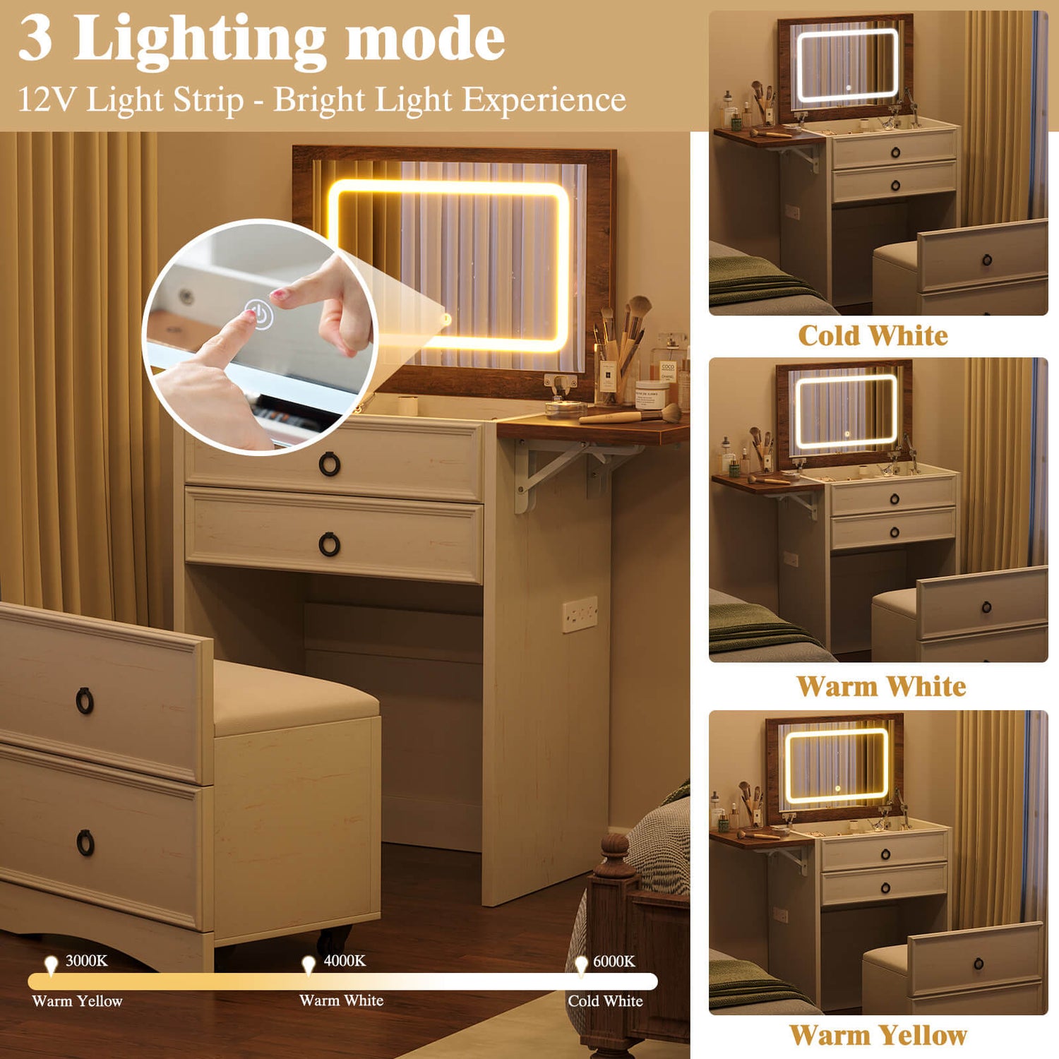 Lighting mode display with 12V light strip on a vanity setup, showing different color temperatures.