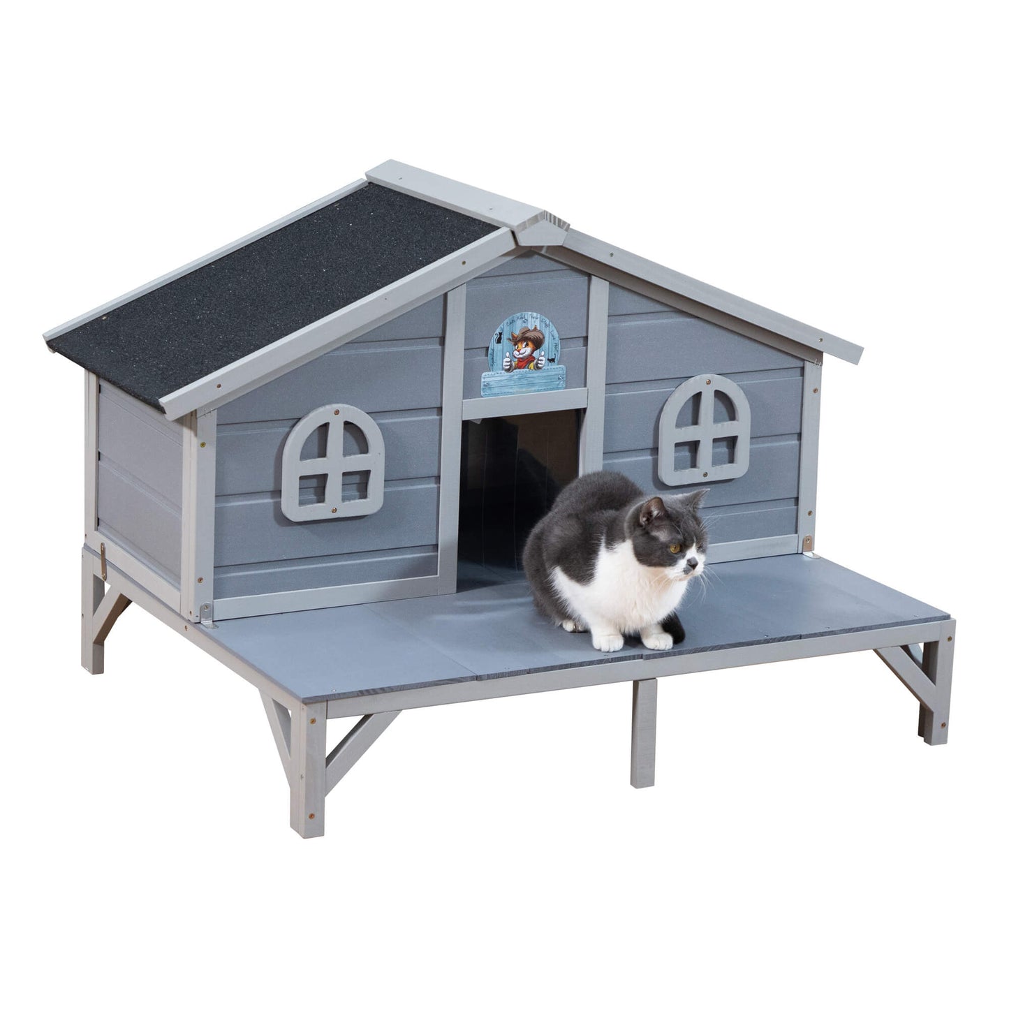 Cat house with a cat sitting on a white background