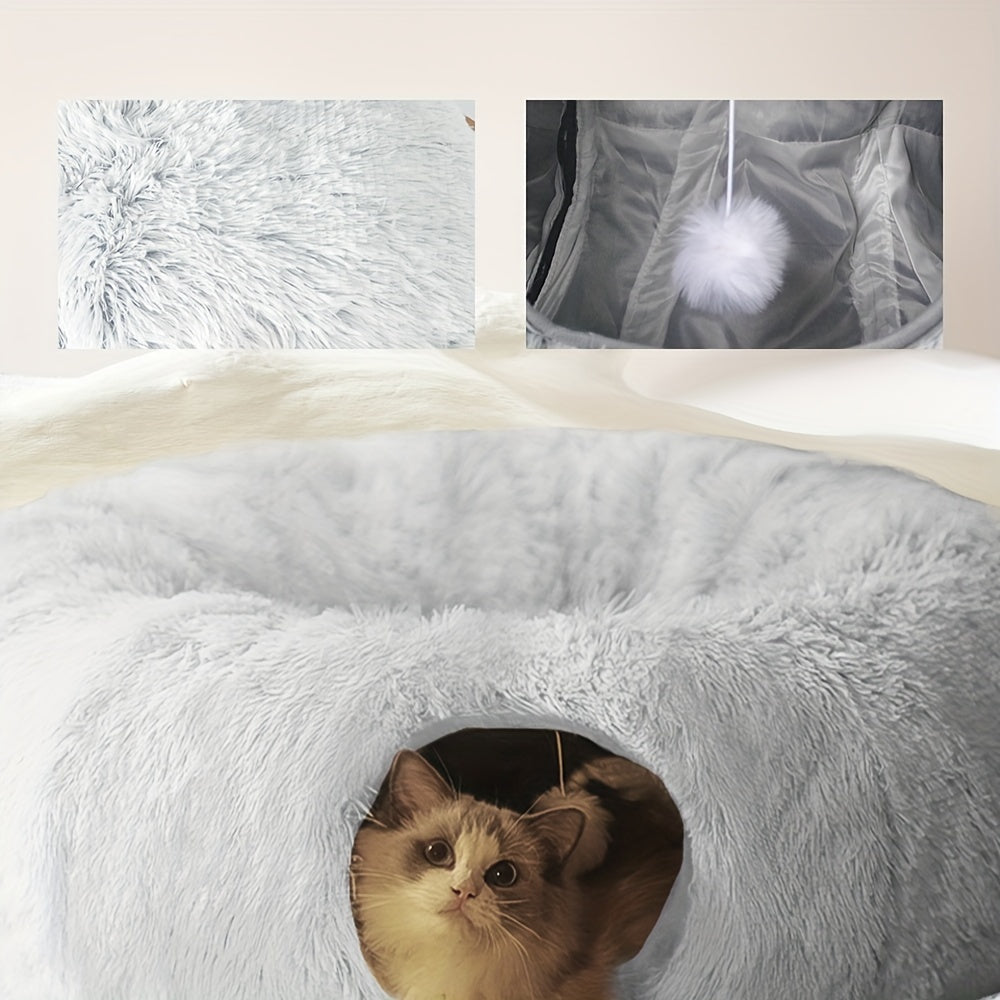 Cat peeking out from a fluffy white cat donut with close-up insets of fur texture.