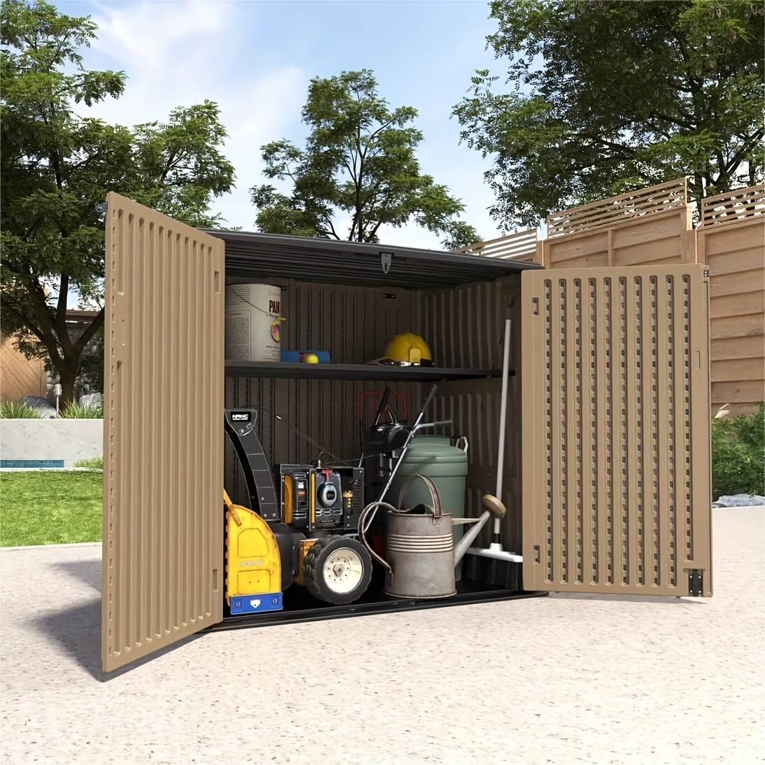 Outdoor storage shed with tools and equipment inside, surrounded by trees and a clear sky.
