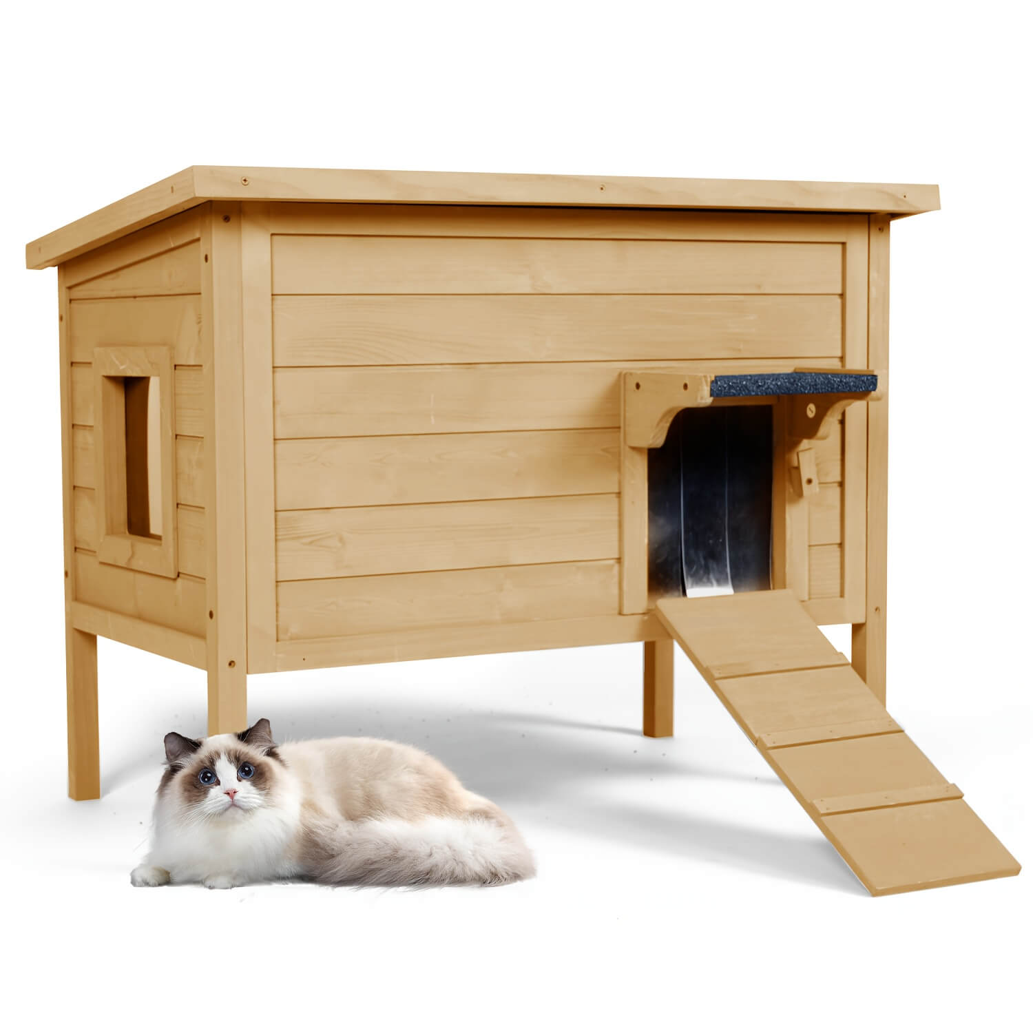 Wooden cat house with a cat sitting in front on a white background