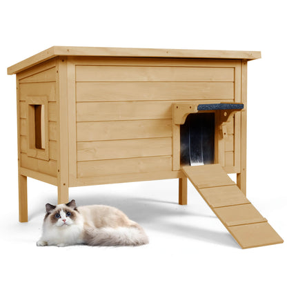 Wooden cat house with a cat sitting in front on a white background