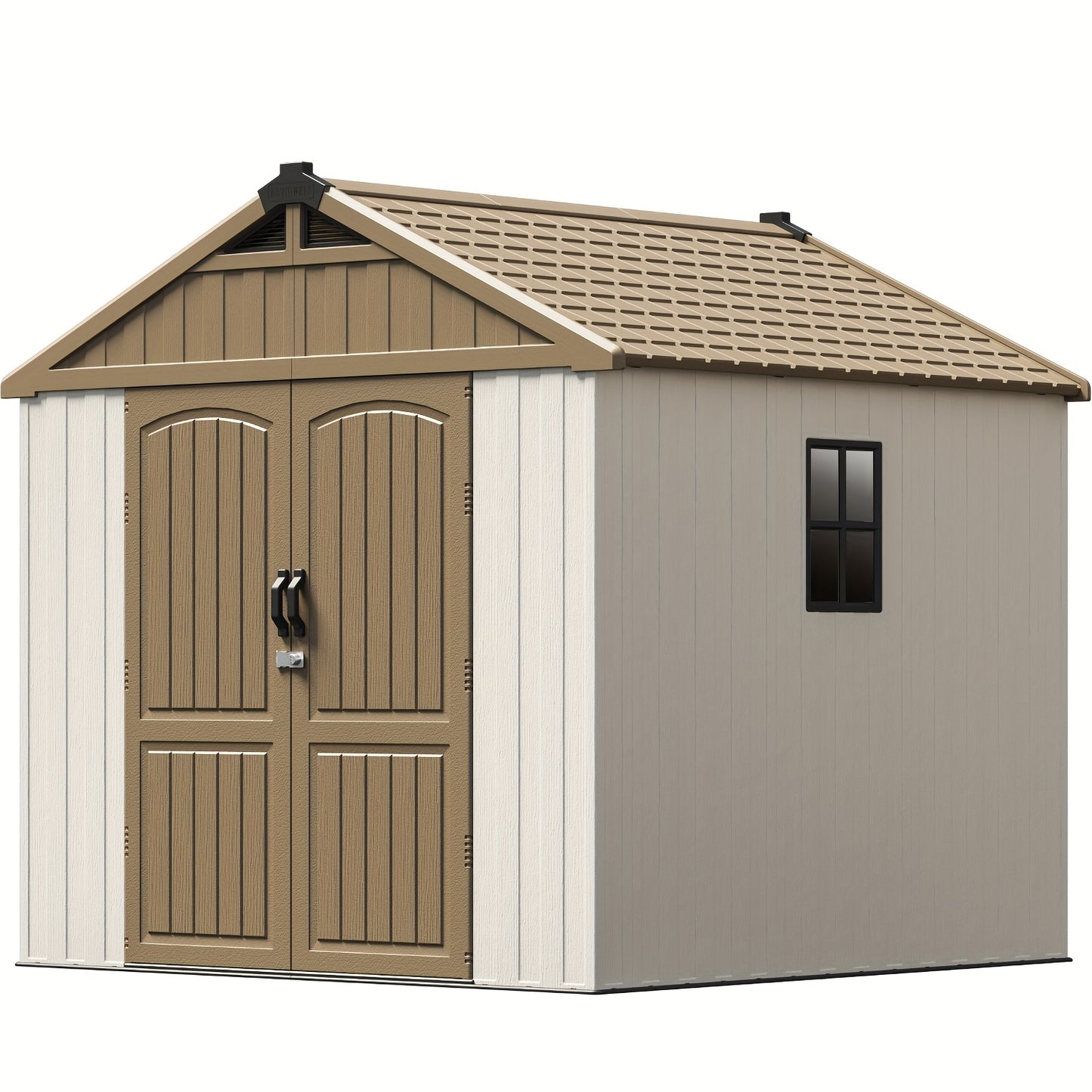 Resin outdoor storage shed with brown doors and beige walls on a white background