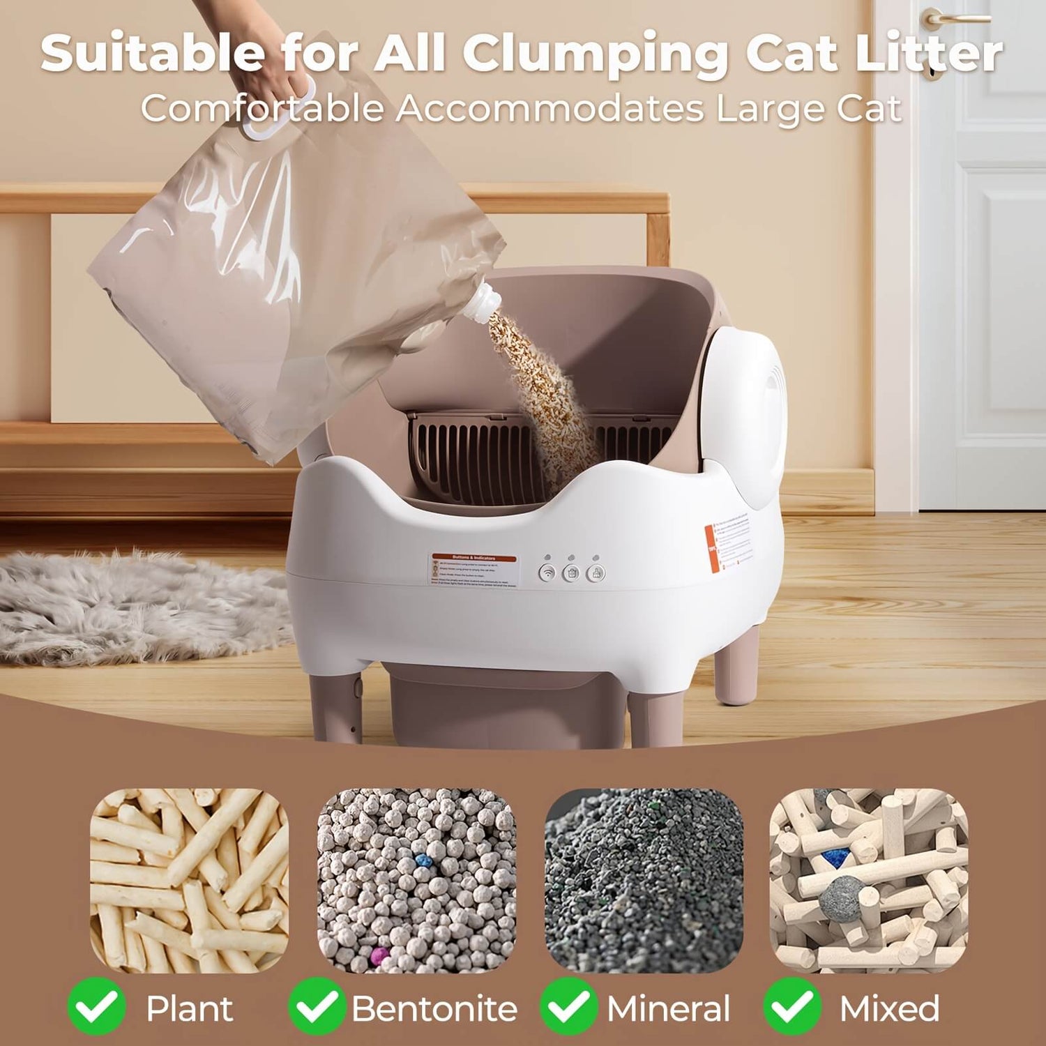 Automatic cat litter box with text indicating suitability for various types of cat litter.