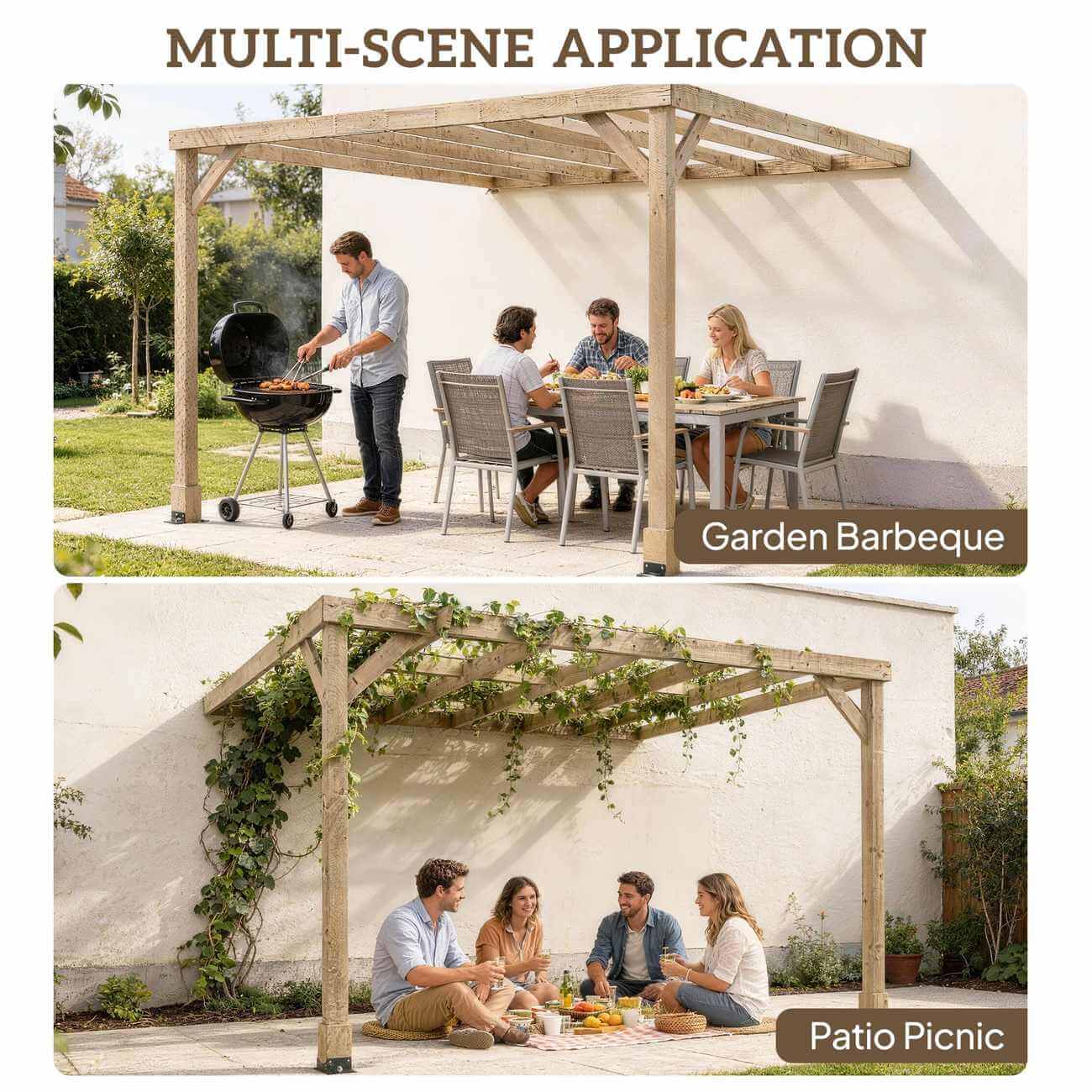 Wooden pergola used for garden barbeque and patio picnic in outdoor settings.