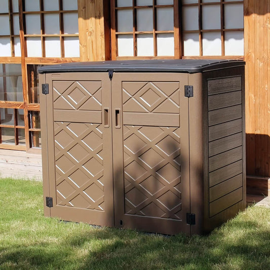 Resin outdoor storage shed with decorative latticework design on doors, placed outdoors.