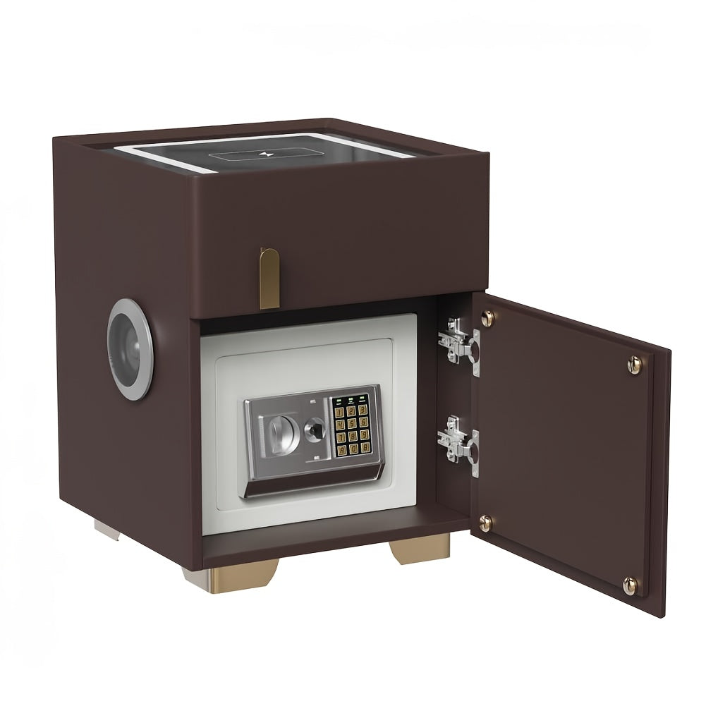 Brown modern nightstand with safe with open door on a white background