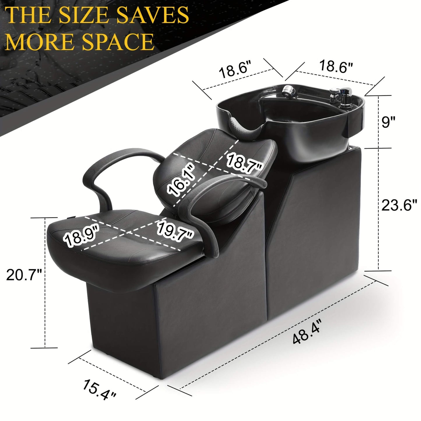 Black professional backwash unit with dimensions labelled on a white background