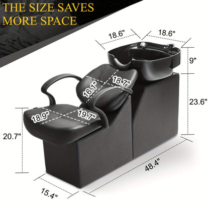 Black professional backwash unit with dimensions labelled on a white background