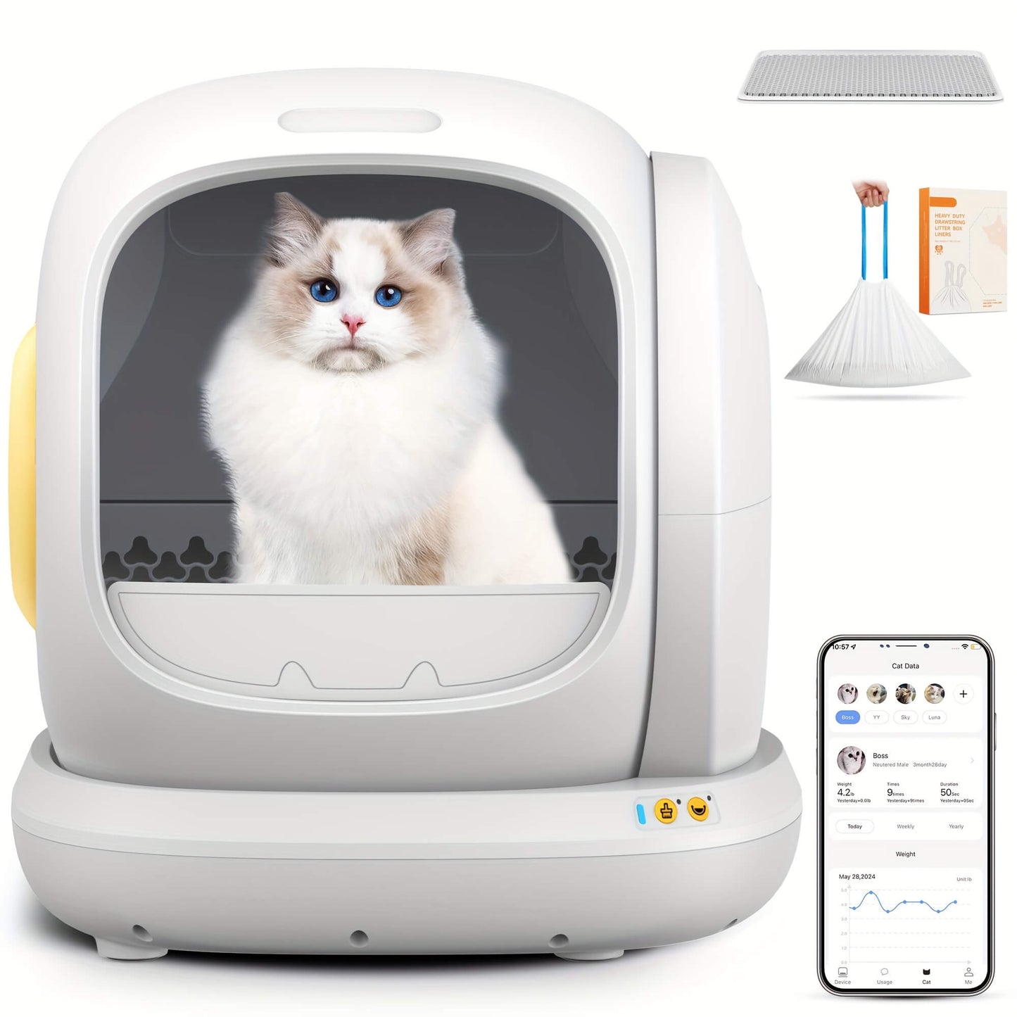 Meowant self cleaning litter box with a cat inside, smartphone app, and cleaning brush on a white background