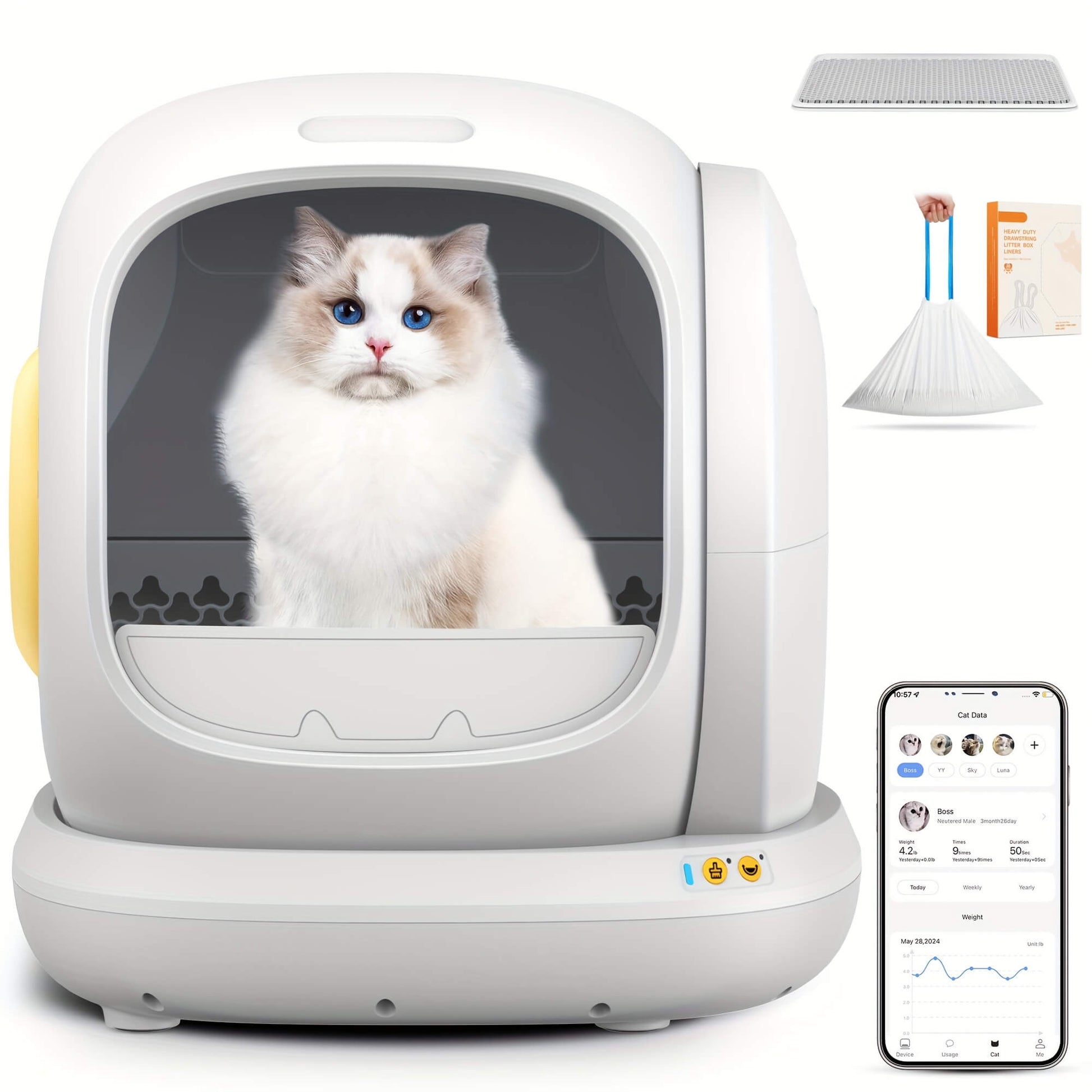 Meowant self cleaning litter box with a cat inside, smartphone app, and cleaning brush on a white background