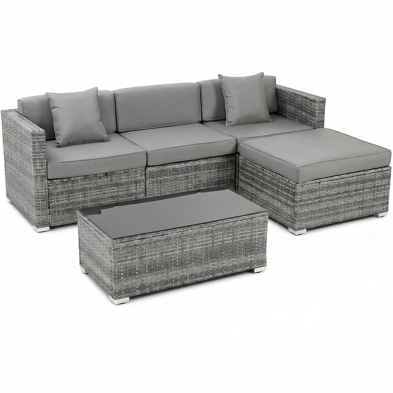 Gray outdoor sectional sofa with matching ottoman on a white background