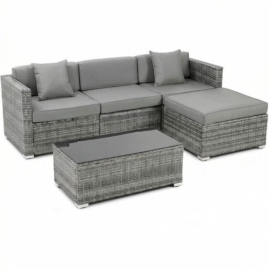 Gray outdoor sectional sofa with matching ottoman on a white background