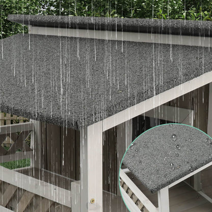 Rainwater draining from a roof onto a deck with a close-up of water droplets on a surface.