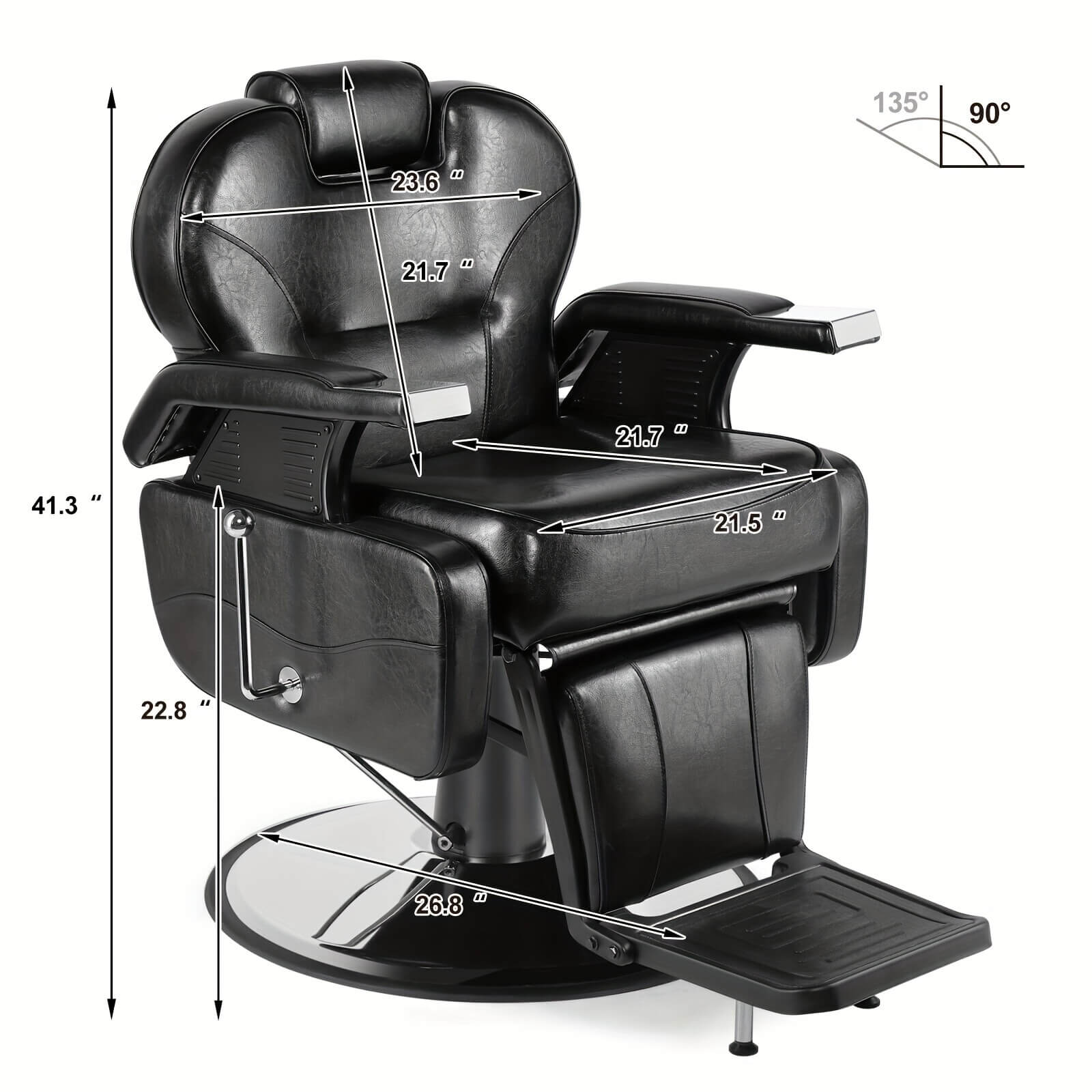 Black professional barber chair with measurements on a white background