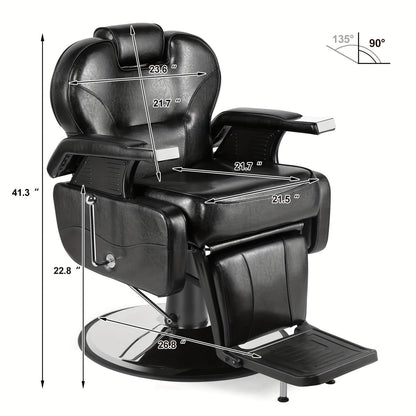 Black professional barber chair with measurements on a white background