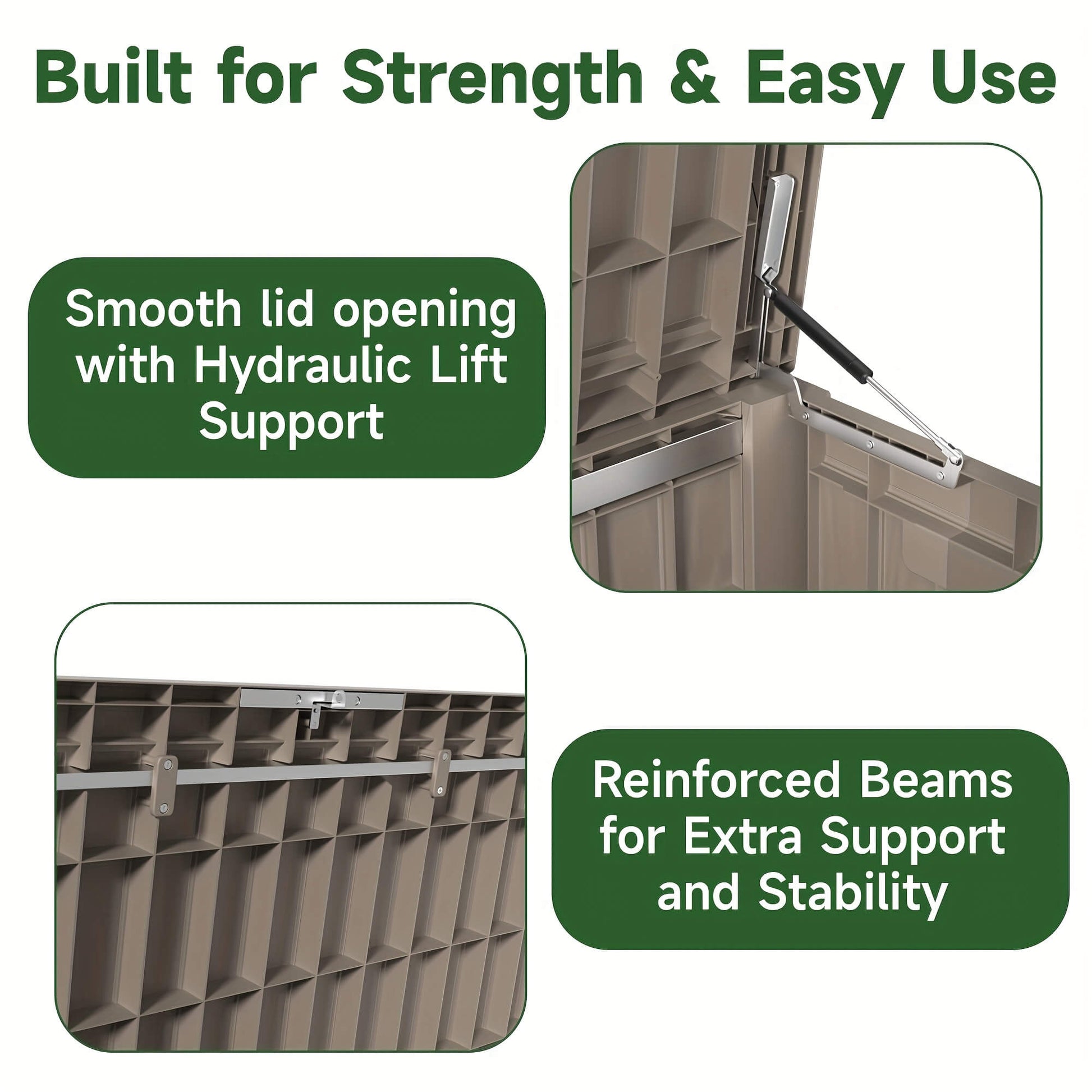 Product with smooth lid opening and hydraulic lift support, featuring reinforced beams for stability.