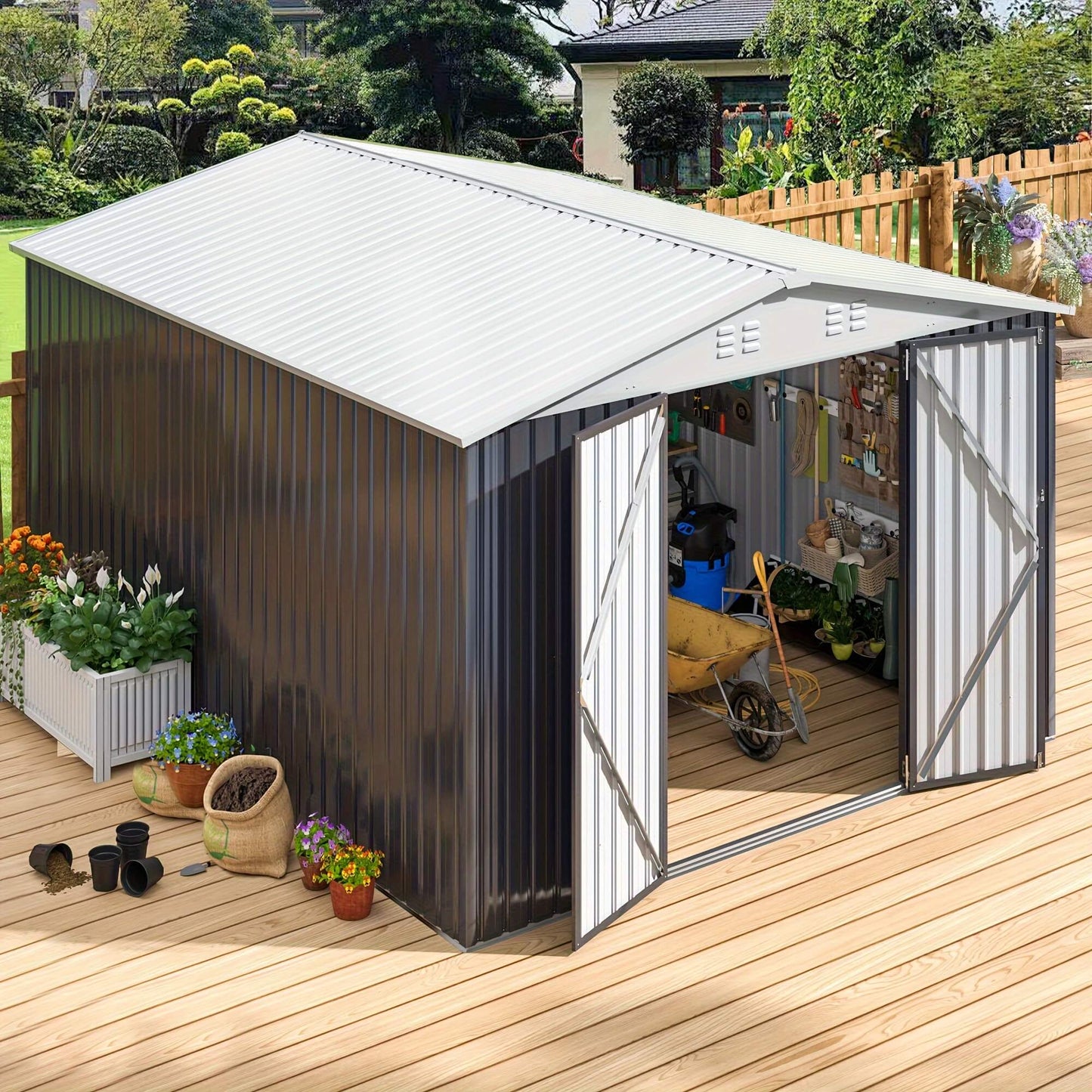 Metal garden shed with open doors on a wooden deck, surrounded by plants and garden tools.